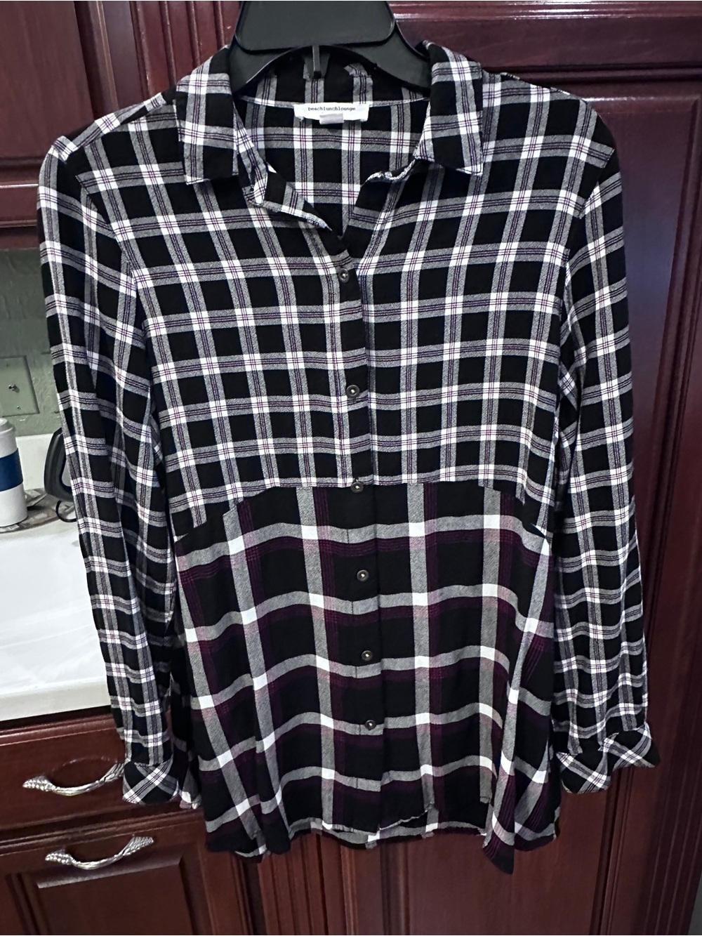 Black Plaid Button-Up Shirt with Subtle red Stripe